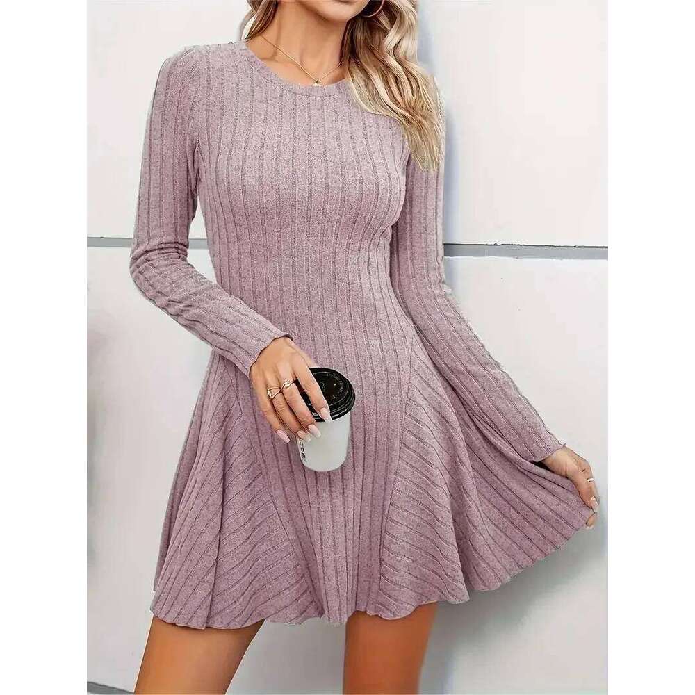 Women's V-Neck Knit - Long Sleeve Swing Mini Dress, Elegant Bodycon Short Dress XJ260131