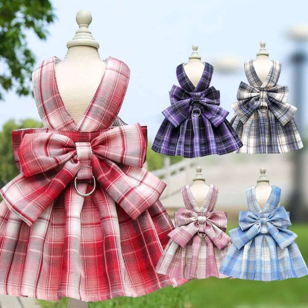 with Leash Traction Plaid JK Dress Comfortable Thin Dog Bow Washable Adjustable Harness Skirt Pet H260129