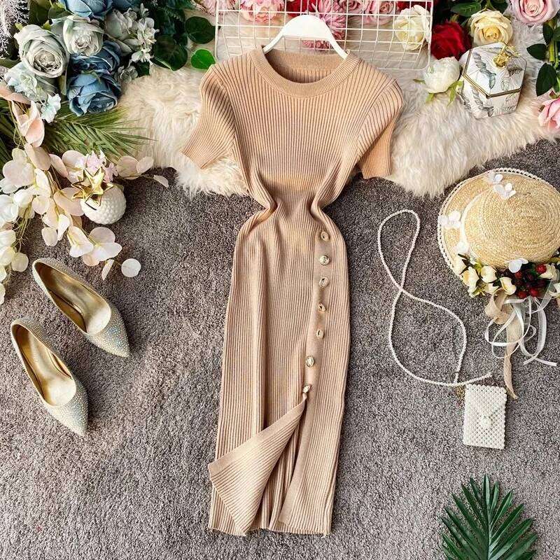 YuooMuoo Women European and American Fashion Short Sleeve Slimming Side Slit Knitted Mini Dress Streetwear Lady Outfits XJ260131