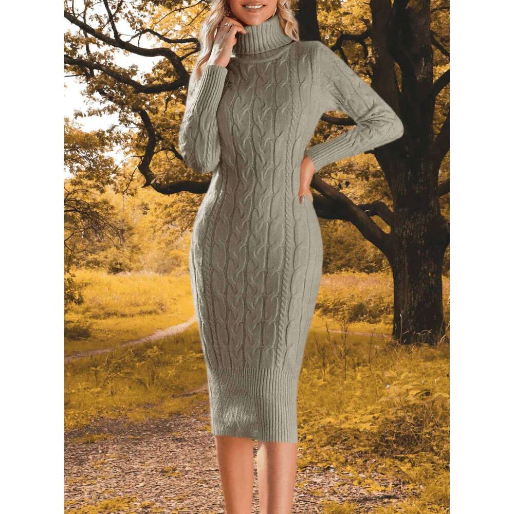 Womens Autumn Winter Daily Elegant Long Sleeve Turtleneck Sweater Knitted Bodycon Midi Sheath Jumper Dresses XJ260131