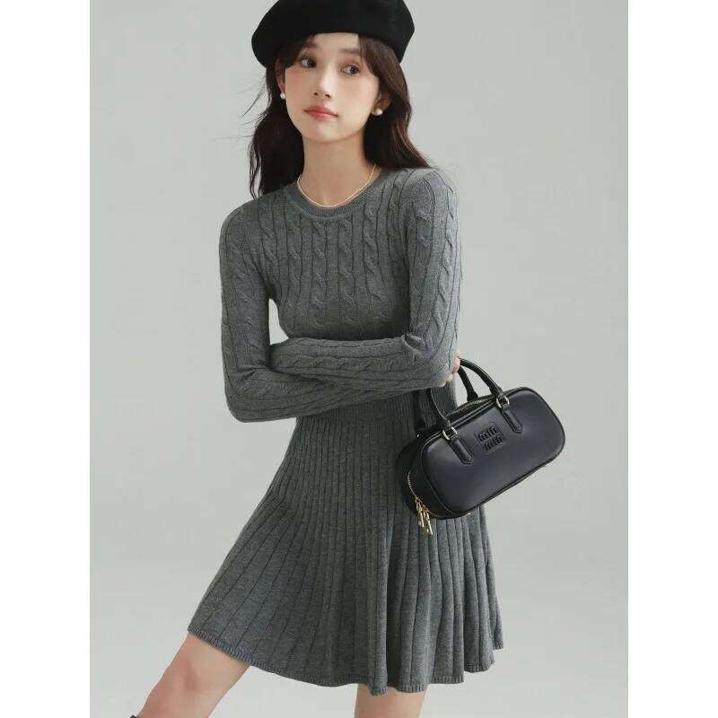 Autumn Winter Waist-cinching Retro Round Neck Bottoming Long-sleeved Dress New Slim Knitted Pleated Skirt XJ260131