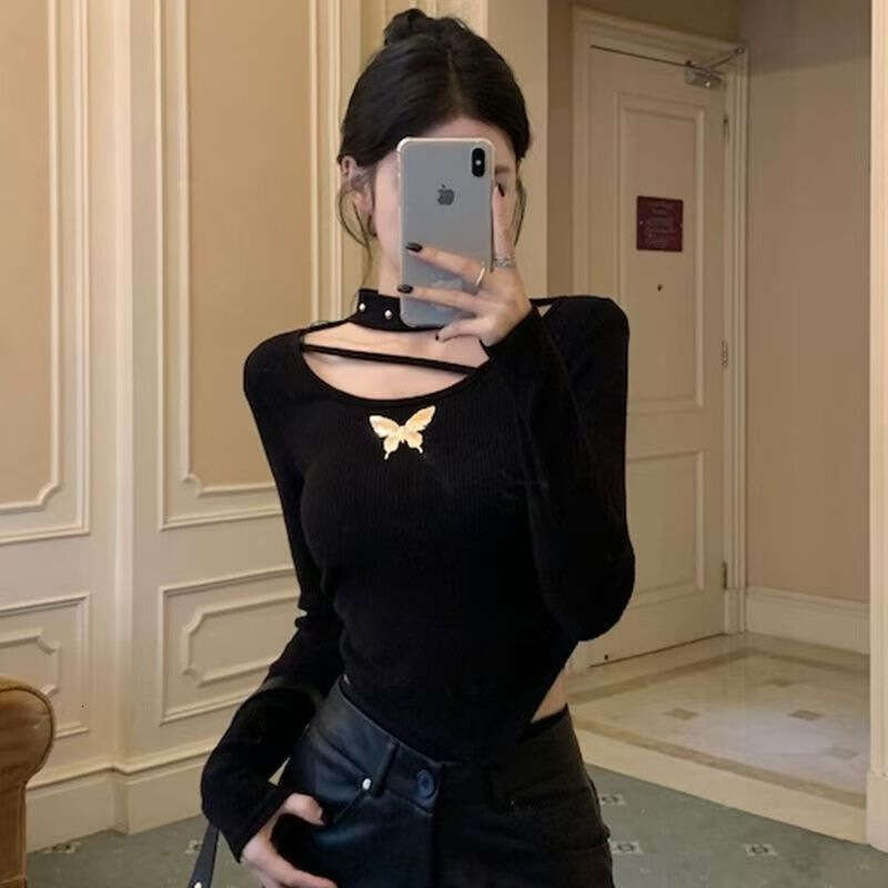 Irregular Bowknot U-Neck Long Sleeve T-Shirt For Women, Spring, Autumn, Winter, High-End, Pure Desire, Slim Fit, Regular Shoulder, Base Shirt, Top