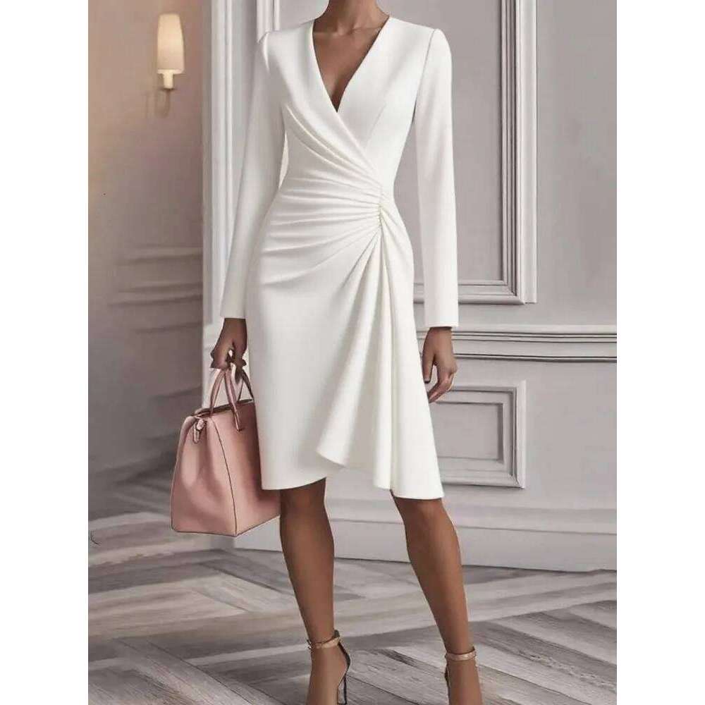 Fashion V Neck Dress For Women Elegant Solid Long Sleeve Waist Loose Dresses Vestidos Robe Femme Chic High Street Clothes XJ260131