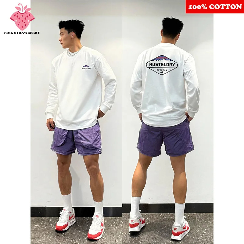 Oversized Slogan Print T-shirt Mens Autumn 100 Cotton Round neck Long sleeved T-shirt Sports Gym Y2k Top men clothing 260118