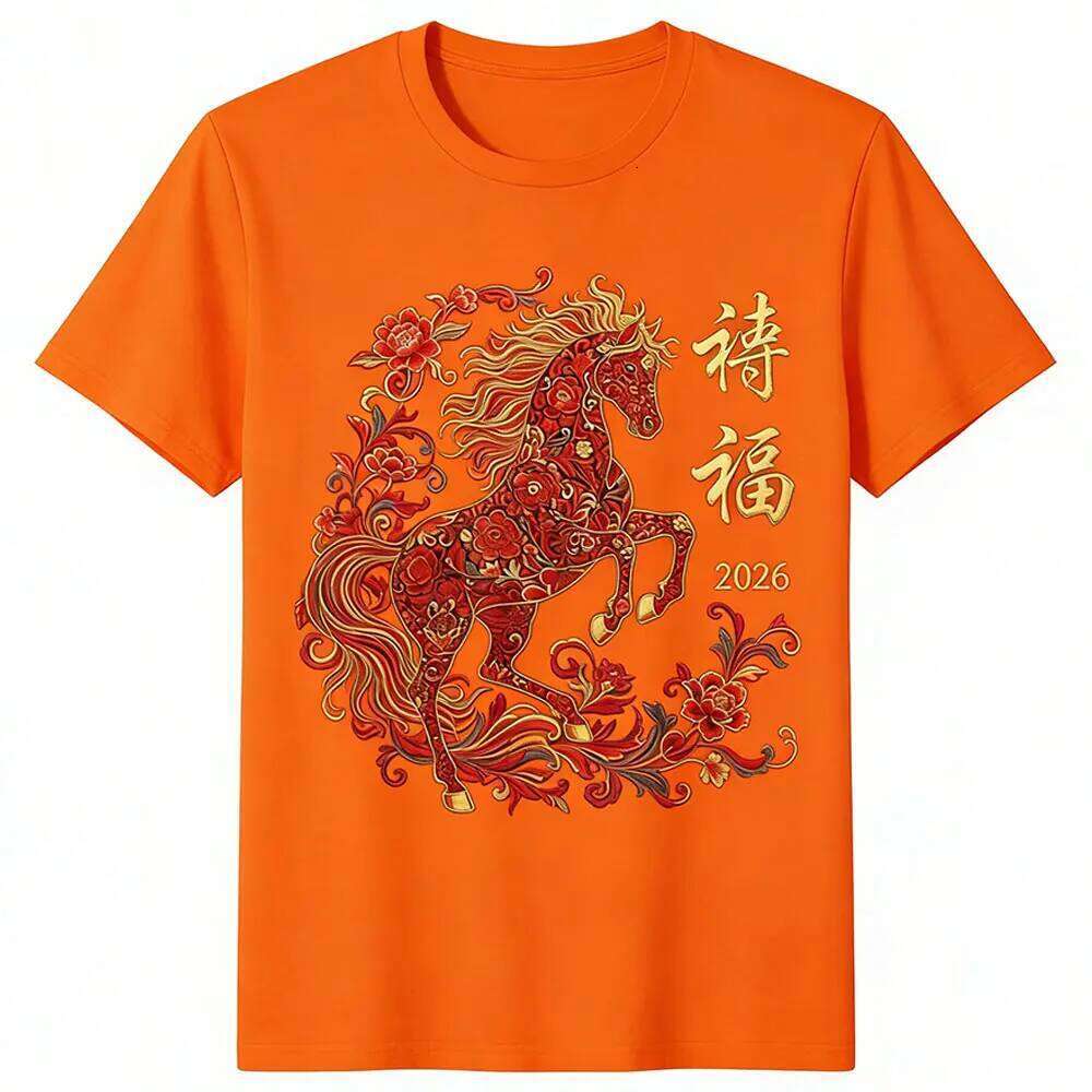 of The Horse 2026 Zodiac Men's Chinese Cotton T-Shirt New Year Party Gift Shirt Tops Winter Casual Men Clothing C260131
