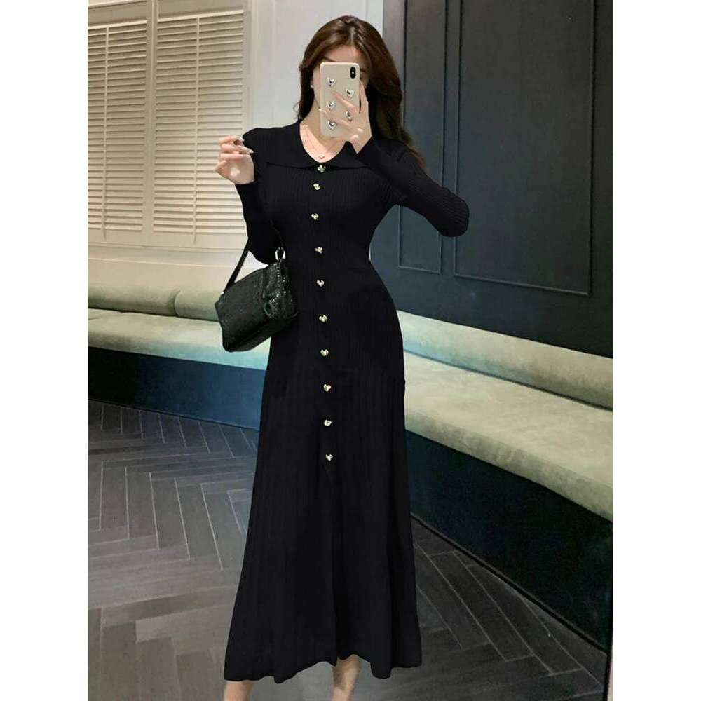 Women Clothes Knitted Lapel Single Breasted Skinny Fishtail Long Dress Sweater Casual Stretchy Robe Mujer Vestidos Autumn Winter XJ260131