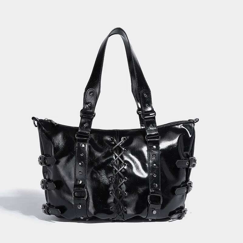 Studded Vintage Luxury Glossy Pu Women's Handbag Stylish Lace-up Motorcycle New Punk-style Large Capacity Tote Bag XJ260130