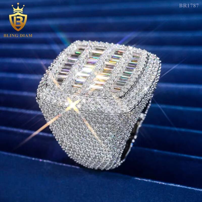 2026 Fashion 925 Sterling Silver Moissanite Ring Baguette Cut Iced Out Moissanite HipHop Ring Fine Jewelry Pass Diamond Test with GRA