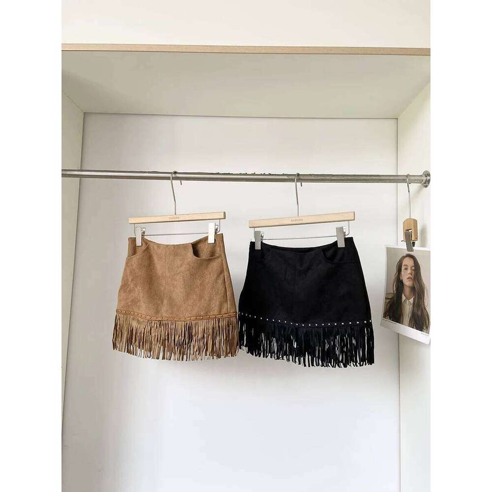 Women's Autumn Winter Rivets Tassels Suede Lady Streetwear High Waist Solid Color Short Skirt XJ260131
