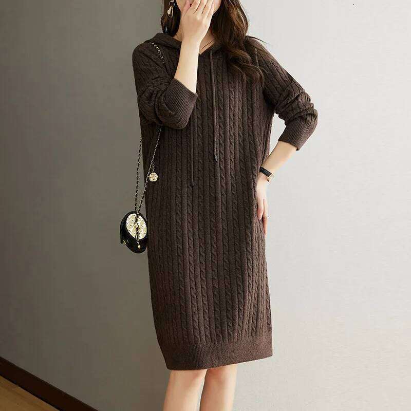 Autumn Winter Women's Thickened Hooded Dress Loose Sweater Long Sleeve Knitted Dresses XJ260131
