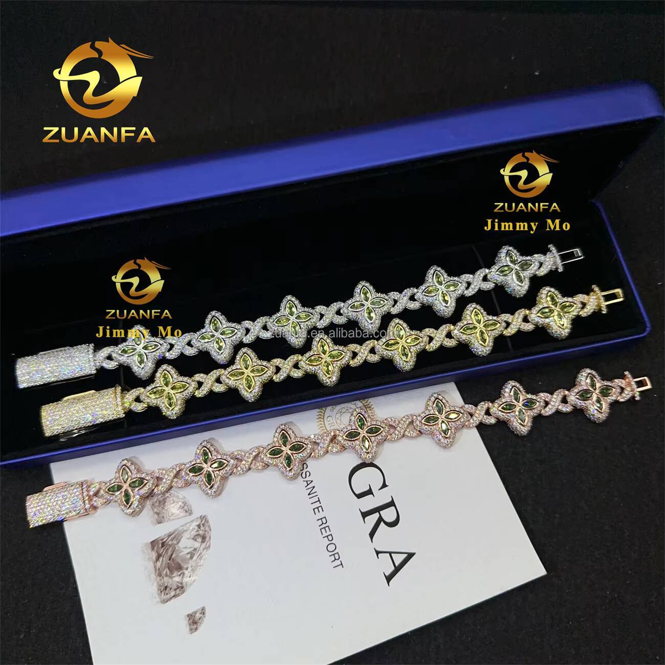 S925 Silver Marquise Flower Design Hip Hop Jewelry Iced Out Men Lab Moissanite Diamond Infinity Cuban Four Cleef Clover Bracelet