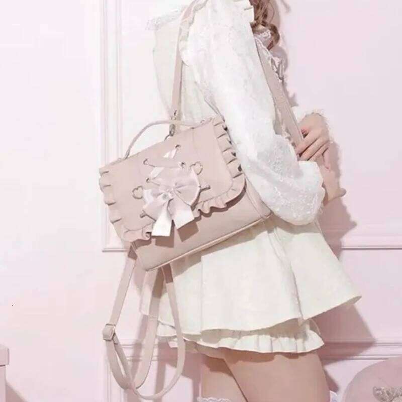 Casual PU Leather Kawaii Backpack Lolita Knot Women's Bapa Handbag Single Crossbody Double oulder Korean Sle Ita Bag