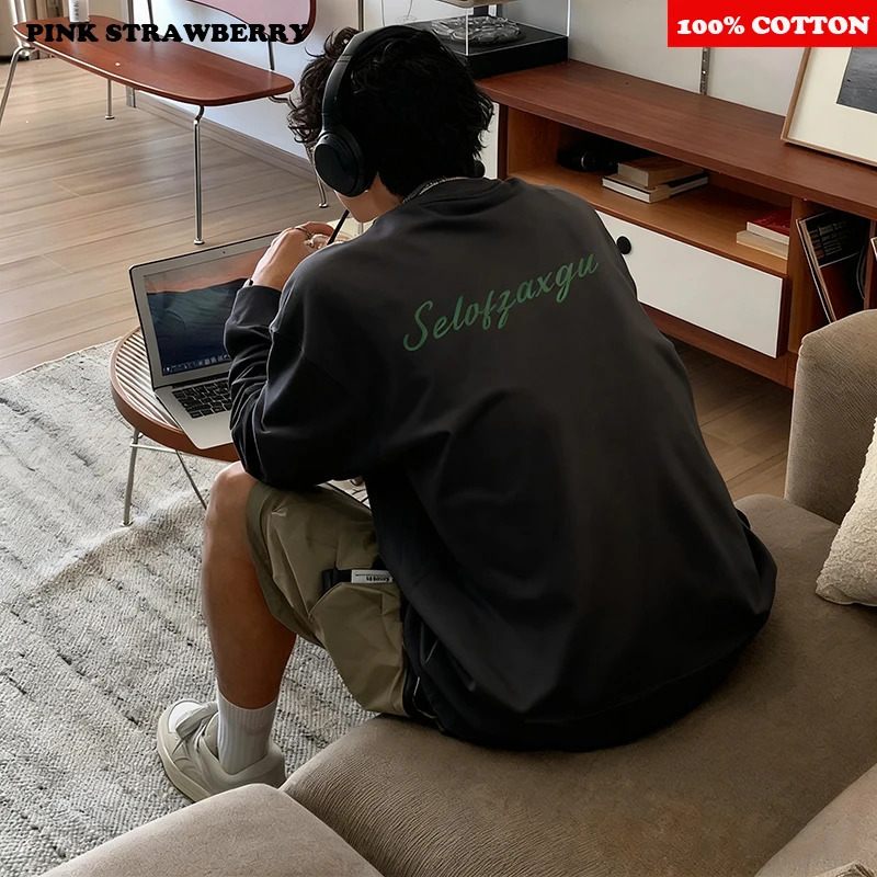 American Letter White T-shirt Men Autumn Winter 100 Cotton Long sleeves Sport Gym T-shirt Loose Y2k Top men clothing 260118