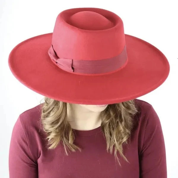 Fedora Bow hat Wide Brim Church Derby Flat Top Hat Panama Felt Fedoras Hat for Women artificial wool Blend Jazz Cap Trilby hats 260120