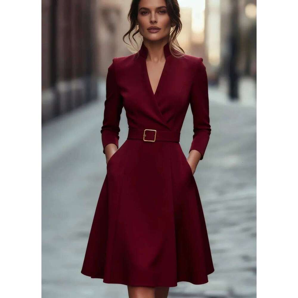 Women's Autumn Winter V-Neck Long Sleeve A-Line Skirt Slimming Waist Belted Medium-Length Commuter Fashion XJ260131