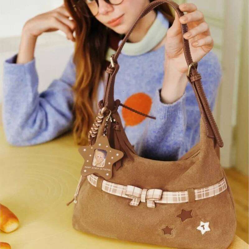 JIAERDI Sweet Cute Bow Star Tote Women Large Capacity Brushed Shoulder Ladies Retro Versatile Commuter Underarm Bag 2025 XJ260130