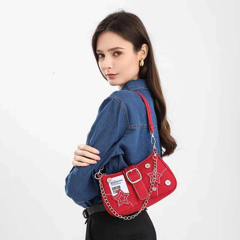 Fashion Women's Handbags Blue Denim Stars Pattern Cool Girls Y2K Underarm Canvas Female Small Shoulder Bags Chain Tote Bag