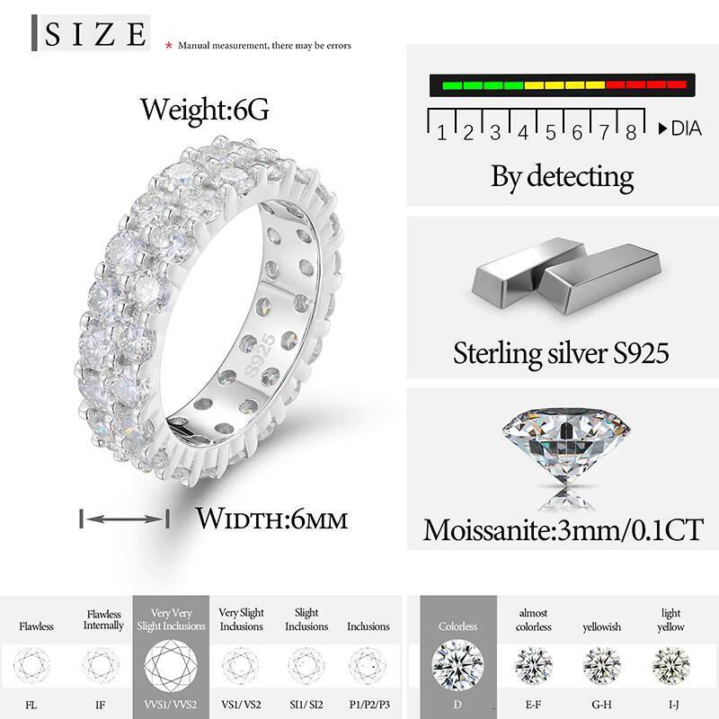 Dropshipping Anillo Luxury Bling Silver White Gold 925 2 Rows 3mm VVS Moissanite Diamond Wedding Ring With GRA Certificate