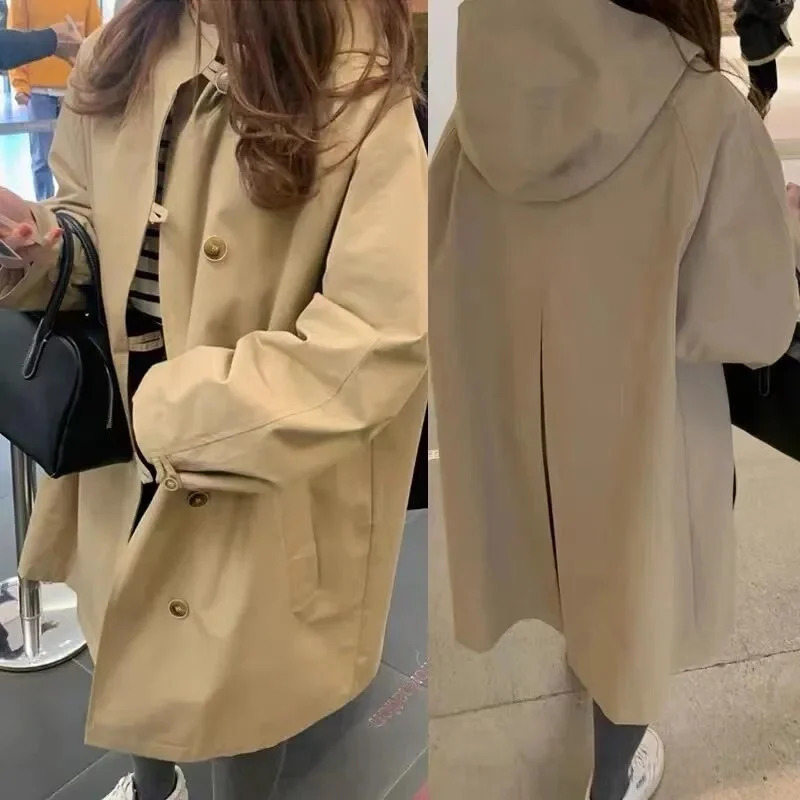 Spring Autumn Women Loose Fit Lined Outerwear Female Hooded Windbreaker Jacket Ladies Fashion Long Sleeves Trench Coat 260120