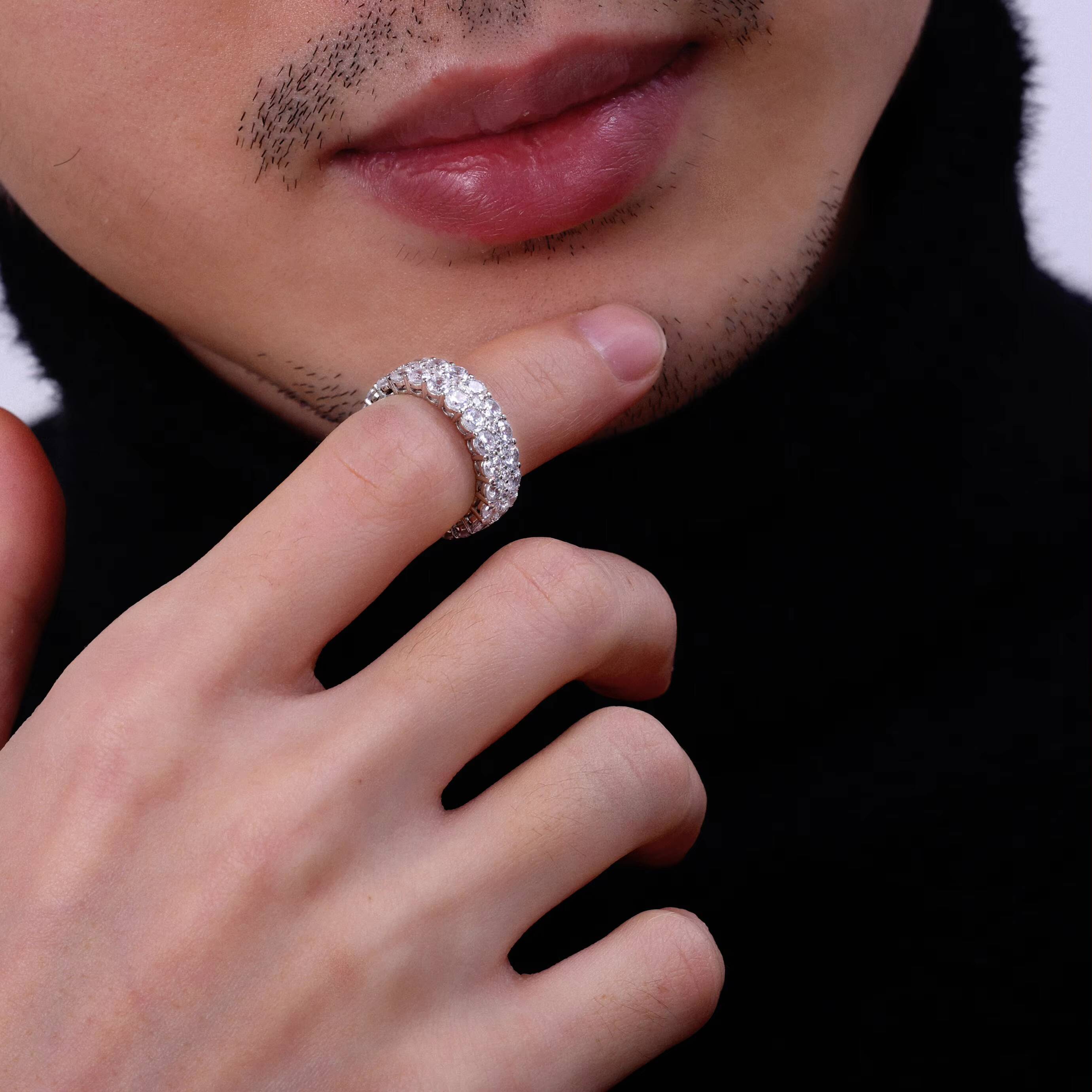 Luster Handmade 925 Sterling Silver Triple Paving Stones 6mm Wide Band GRA VVS Moissanite Wedding Band Ring