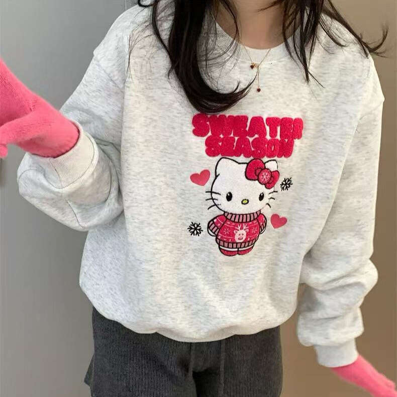 Korean Style Atmosphere Kitty Snowflake Patch Embroidery Fleece Sweatshirt For Women Winter New Loose Versatile Long Sleeve Top