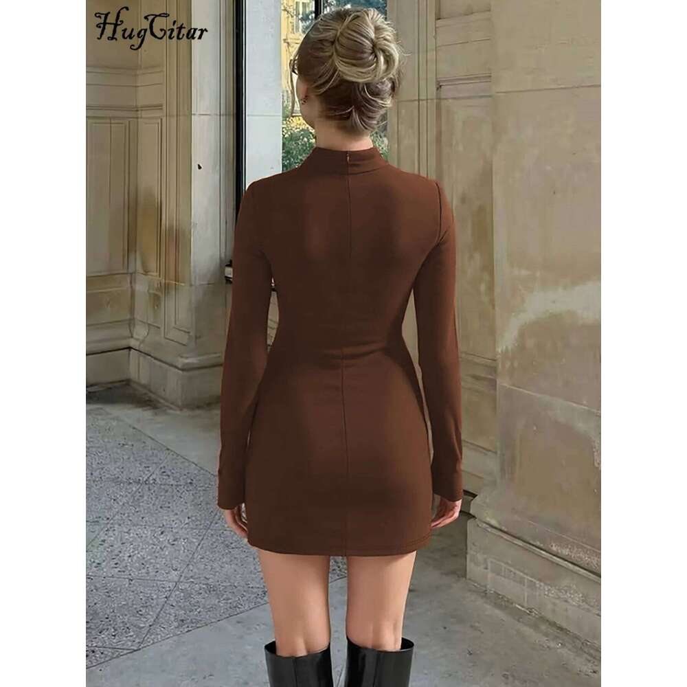 Hugcitar Elegant Turleneck Long Sleeve Ruched Sexy Bodycon Mini Dress Autumn Women Clothes Streetwear Party Festival XJ260131