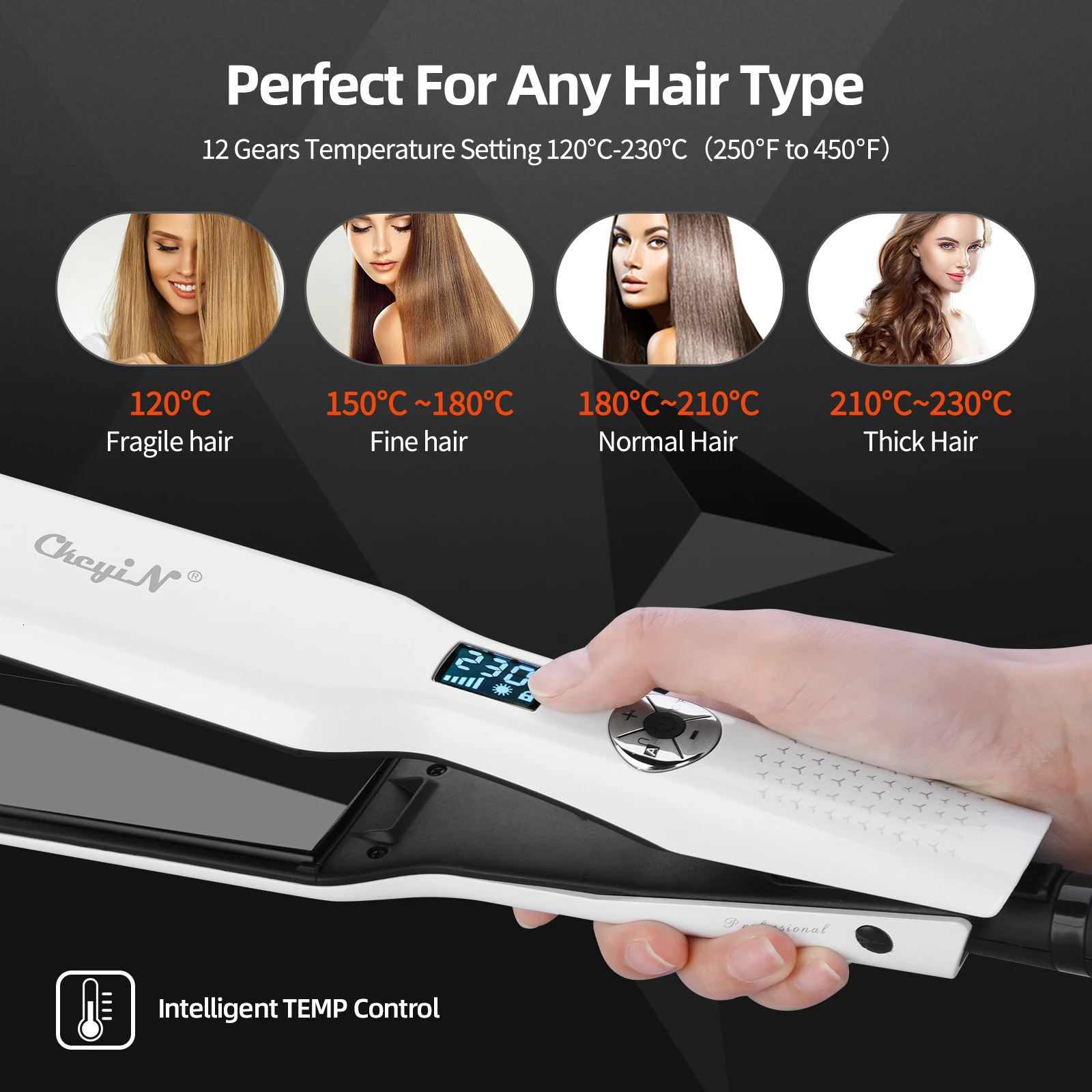 CkeyiN 44mm Tourmaline Ceramic Hair Straightener LCD Display Fast Heating Flat Iron Adjustable Temperature Straightening 260122