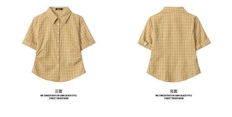 American Retro Heart Embroidery Plaid Shirt For Women, Summer Irregular Pleated Waist Slimming Blue Short Sleeve Top