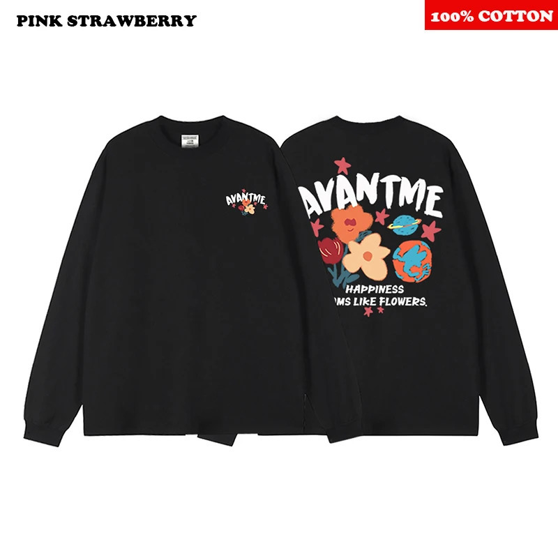 American Graffiti Letter Print T-shirt Men Autumn 100 Cotton Oversize Round neck Long sleeved Tee Y2k Top men clothing 260118