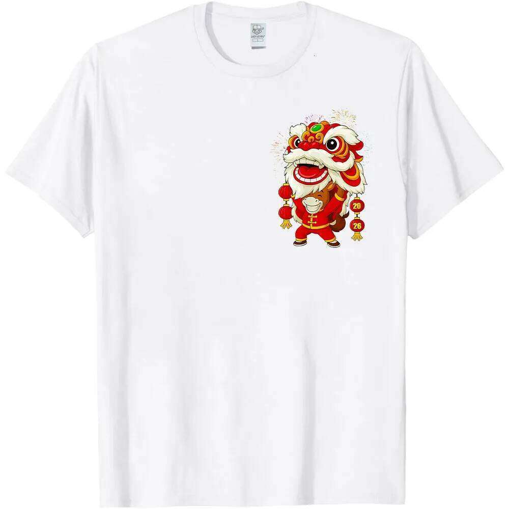 of The Lion Dance Chinese Lunar New Year 2026 T-Shirt Pocket Pattern Horse Men Clothes Cotton Tops C260131