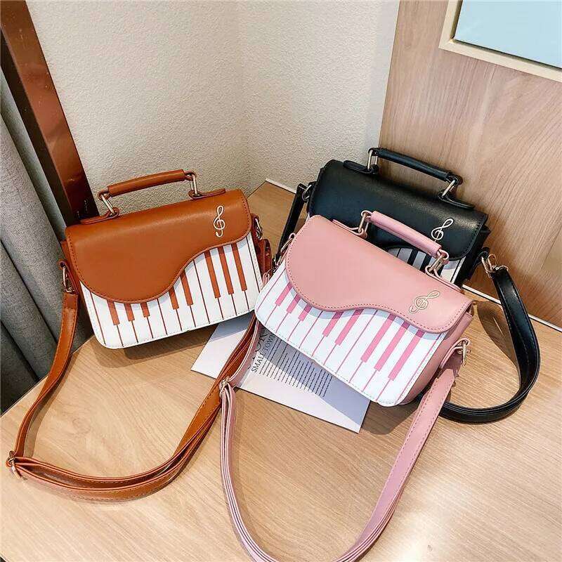 Women's Fashionable Piano Crossbody Bag, Cartoon Theme, Anti-Fouling, Plaid Pattern, Lining, Edge Paint Details, Postman Style