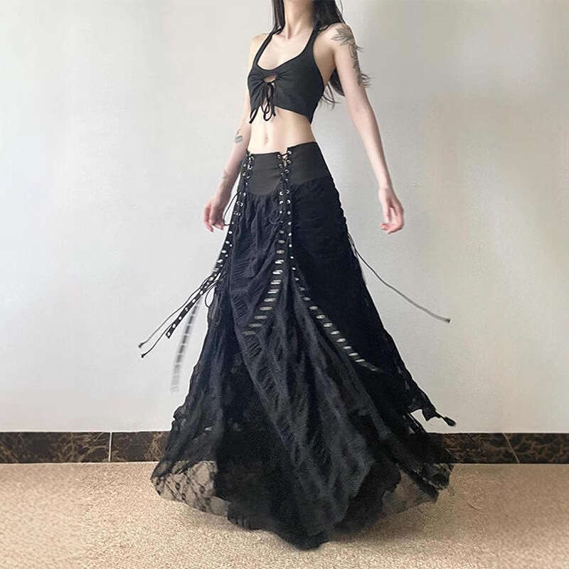 Y2K Dark Style American Retro Tie Patchwork Midi for Women New Niche Design High Street A-Line Skirt