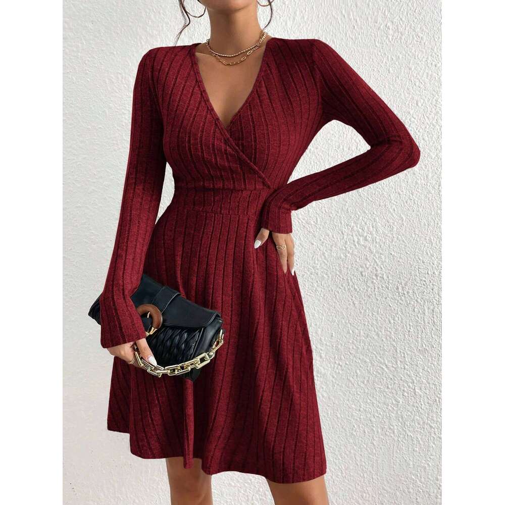 Ladies' autumn and winter sexy Bodycon sweater mini skirt Slim V-neck long-sleeved knitted dress XJ260131