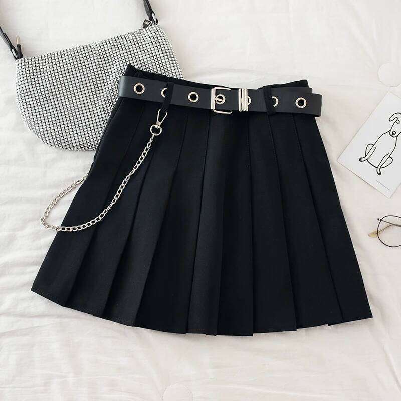 Black Pleated with Chain-Belt Punk Rock Girl Cheerleading Belted Mini Skirt Alt Women E-girl Outfit XJ260131