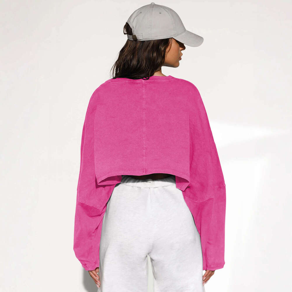 2025 Cross-Border Crop Round Neck Sweatshirt European and American Women's Fashion Short Sports Base Shirt T-Shirt Knitted Long Sleeve Top