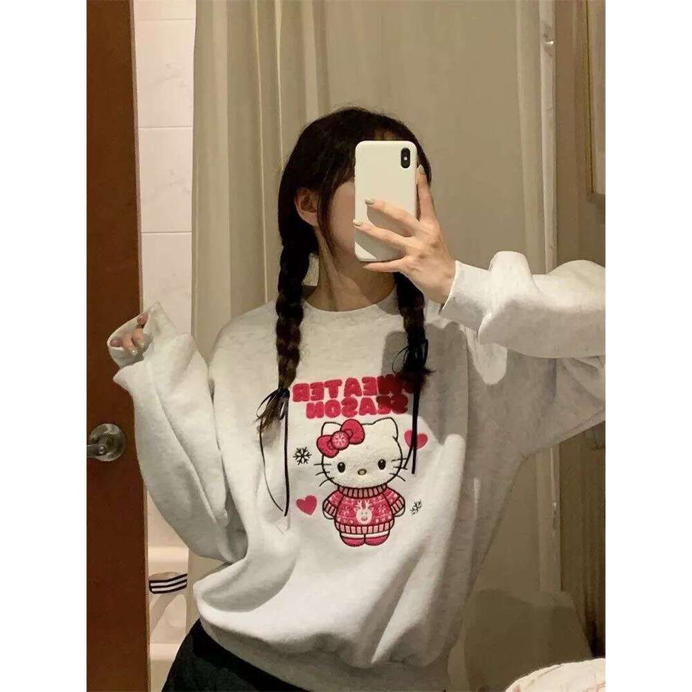 Korean Style Atmosphere Kitty Snowflake Patch Embroidery Fleece Sweatshirt For Women Winter New Loose Versatile Long Sleeve Top