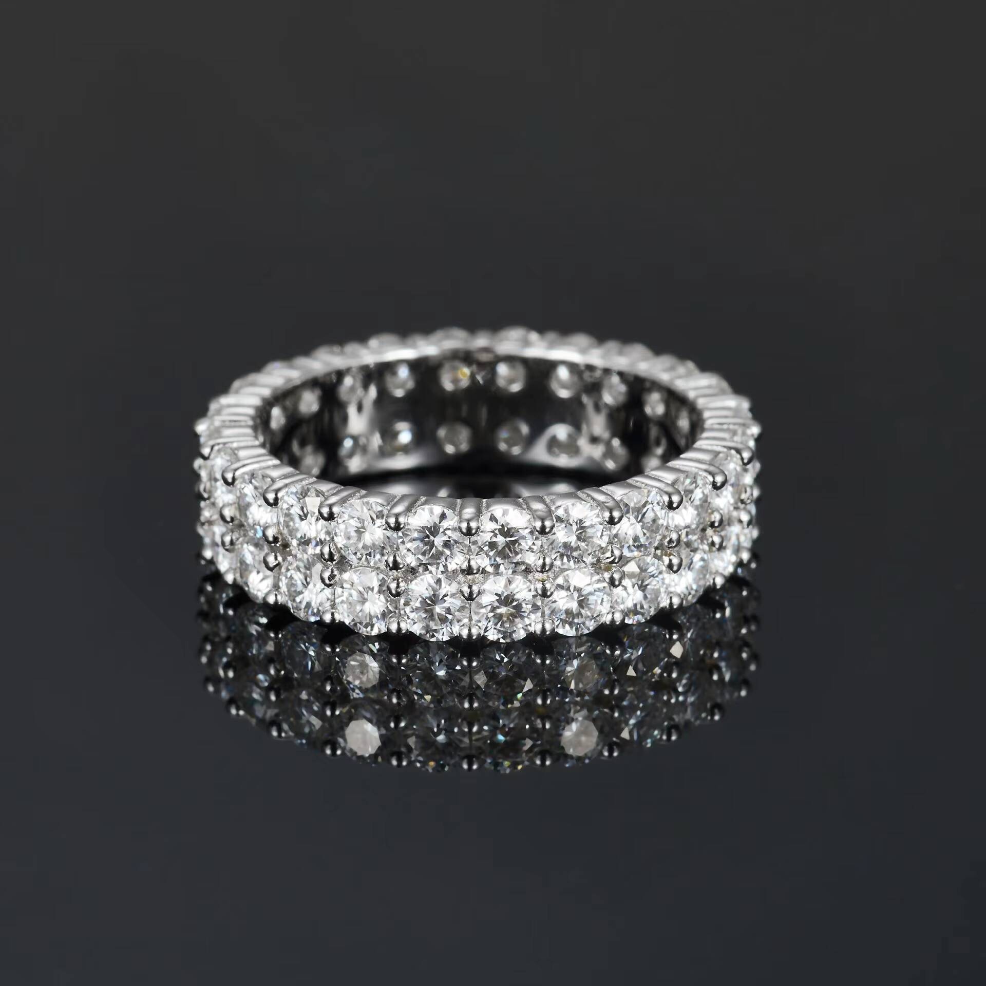 High End Round Cut VVS GRA Moissanite Eternity Band Rings Brass White gold Plated Double Row Finger Jewelry for Women