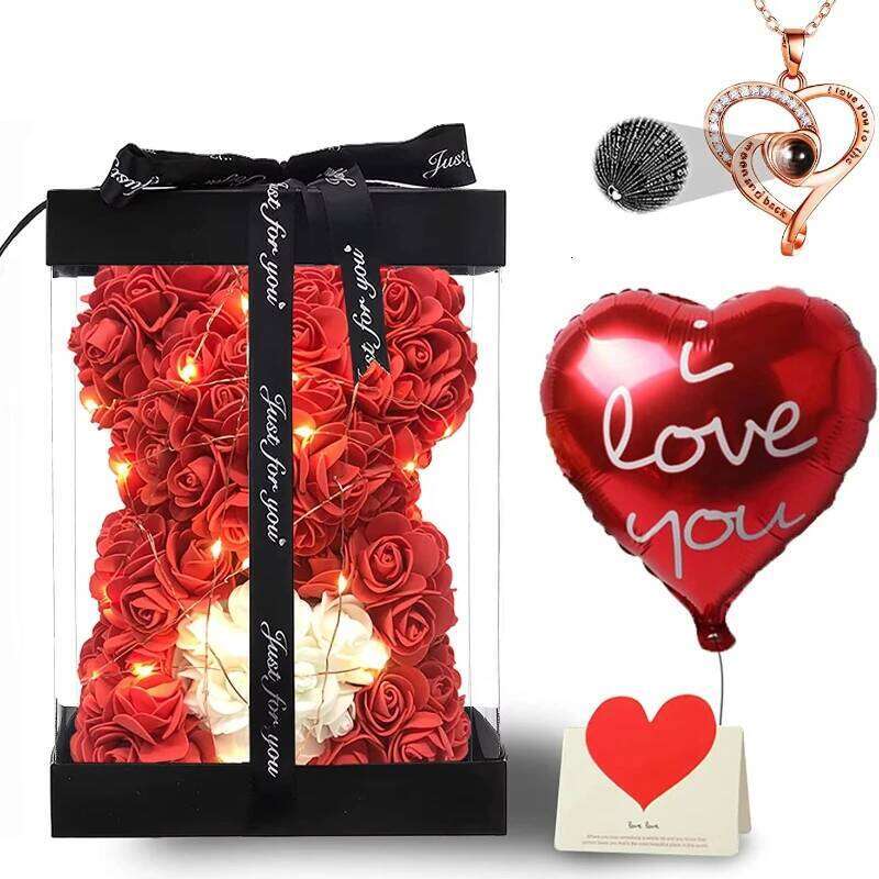 DIY Teddy Rose Bear Box High Quality Preserved Artificial Pe Foam Silk Flower Natural 40 cm Decorative Gift Valentine's Day Y260131