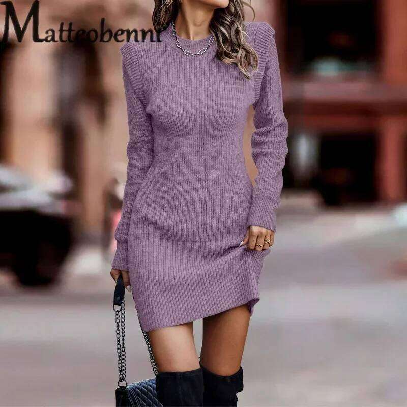 Women Solid Color Knitted Wrap Hip Dress Autumn Winter Crew Neck Pullover Long Sleeve Dressy Female Knitwear Slim Fit Short Gown XJ260131