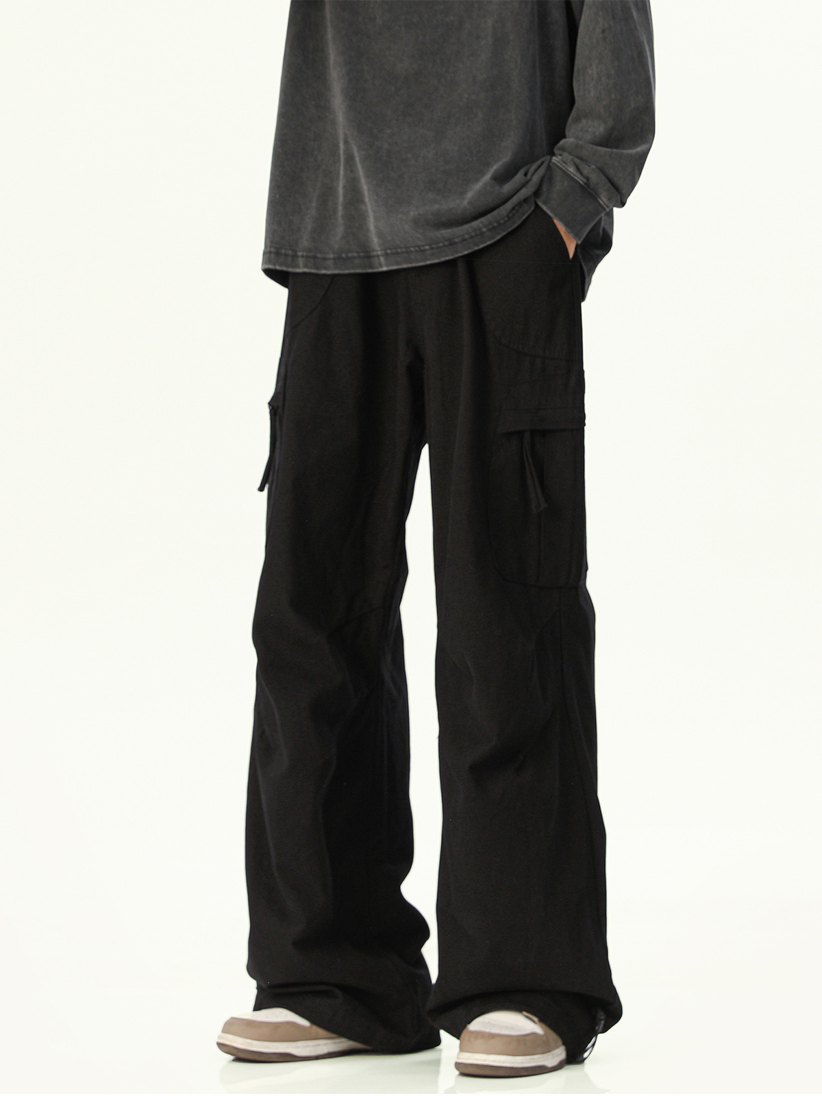 Men's Maillard Hue Cargo Pants, Hip-Hop Parachute Style Wide Leg Trousers, High Street Vintage Utility Wear - view 4