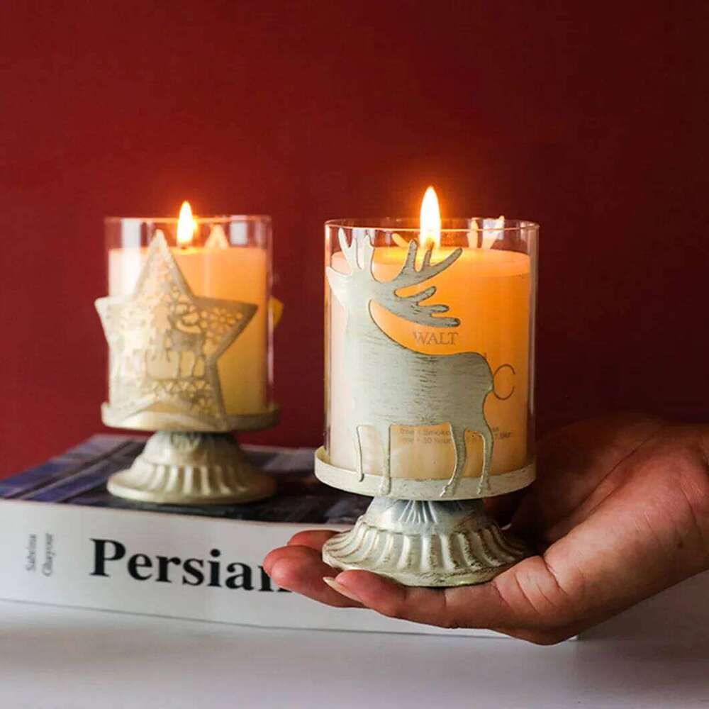 1 Elk Tree Excluding Candles, Christmas Retro Glass Decorative Iron Candlestick Dining Table Living Room Decoration Ornaments Y260131