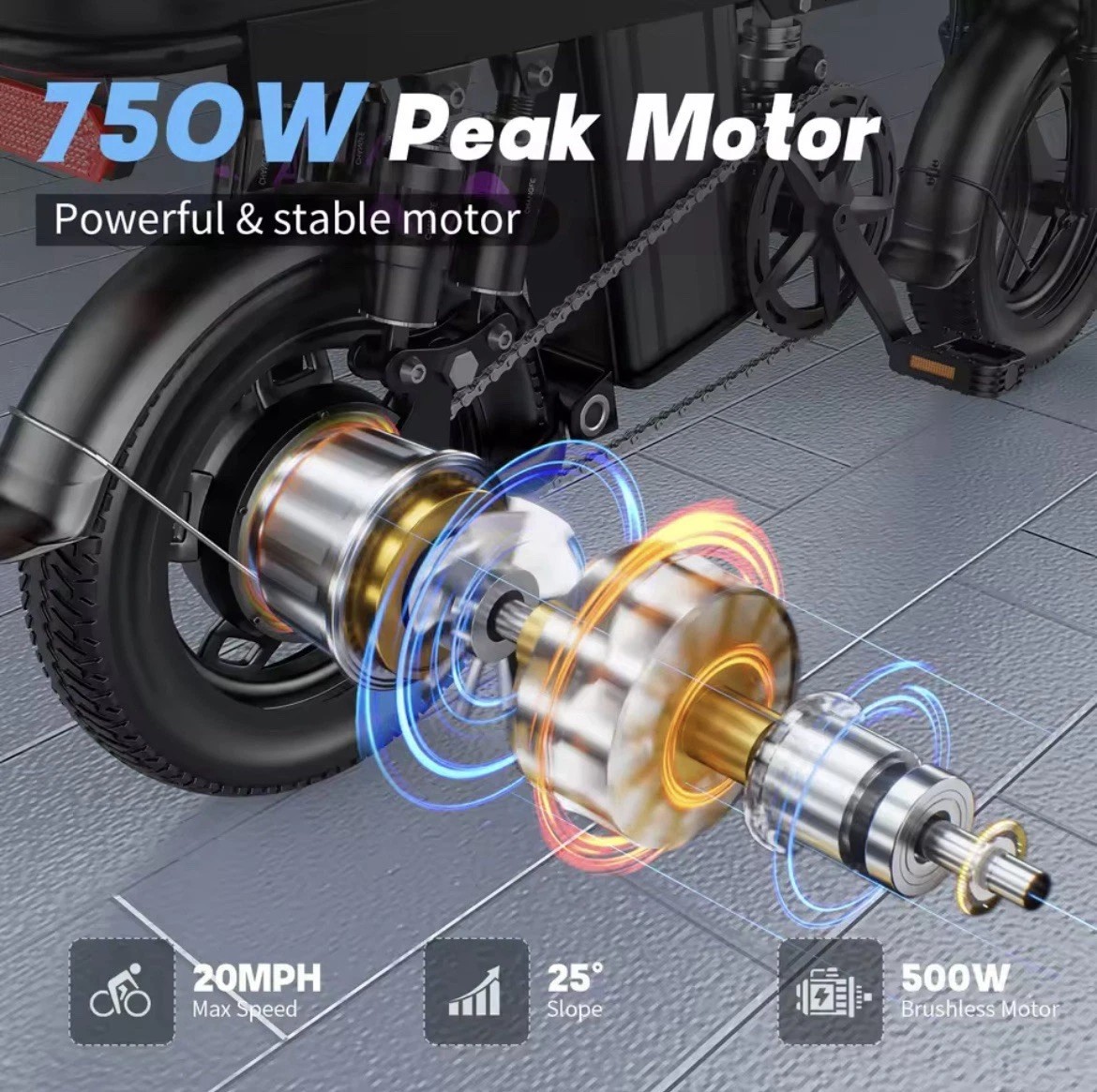 GS5 14 inch Folding Electric Bike for Adults 740W PEAK 48V/15AH 20MPH City Commuter E-bike Lightweight Bicycle