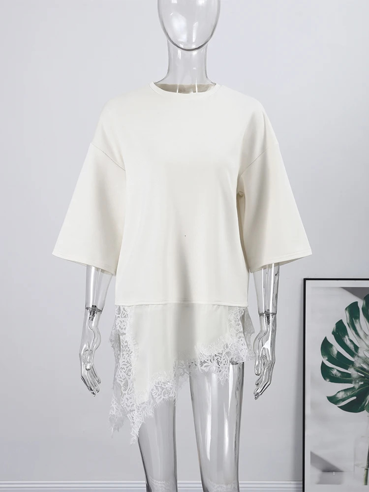 Lace Spliced Irregular Top Women Loose O-neck Half Sleeve White Black T-shirts Female 2026 Fashion Lady All-match Chic Tops 260120