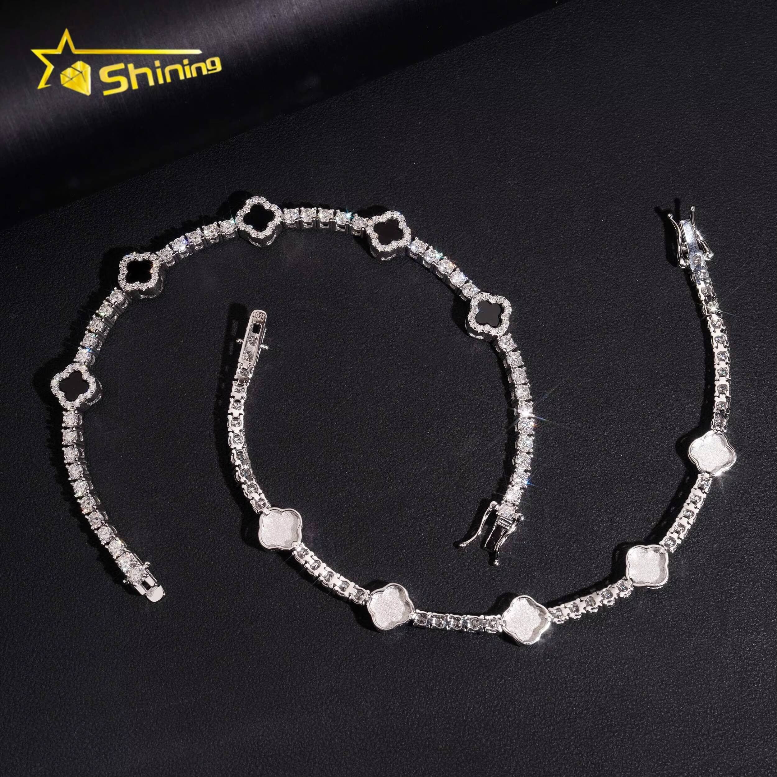 USA Warehouse RTS GRA Certificate 925 Solid Silver Hip Hop Jewelry Iced Out VVS Moissanite Diamond 3mm Clover Tennis Bracelet