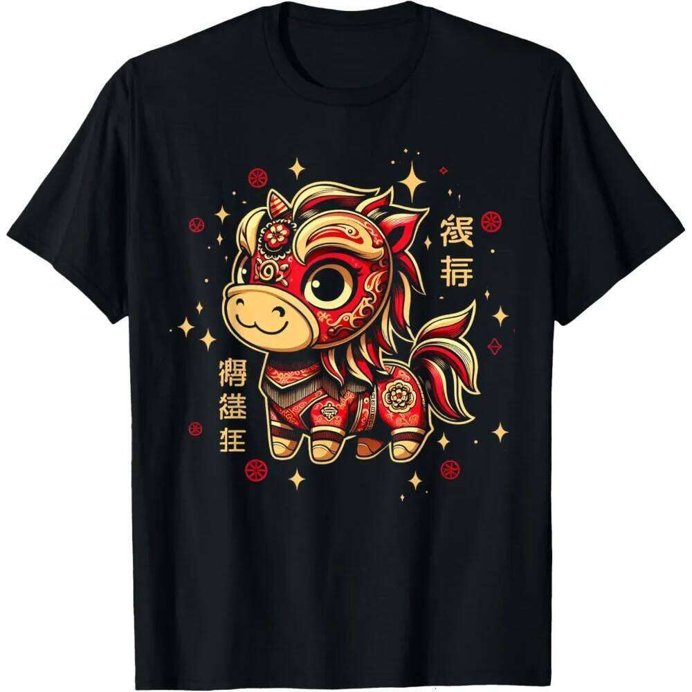 Lion Dance of The Chinese New Year Zodiac T-Shirt Men Cute Cartoonish Red Horse Graphic Clothes C260131