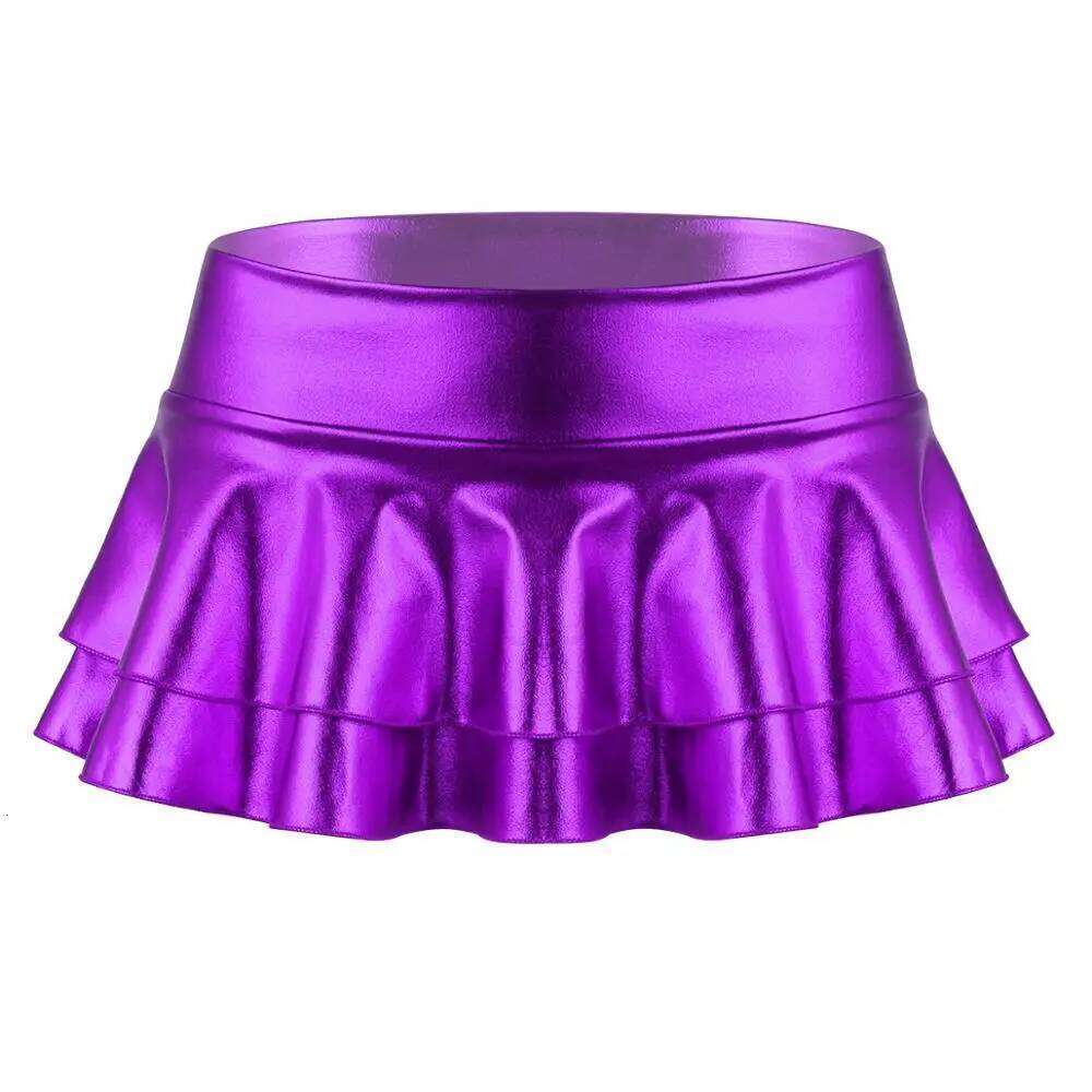 DPOIS Women Shiny Metallic Pleated Mini Skirt Adult Low Rise Elastic Skirts Ruffled Dance Costume Rave Carnival Festival Clothes XJ260131