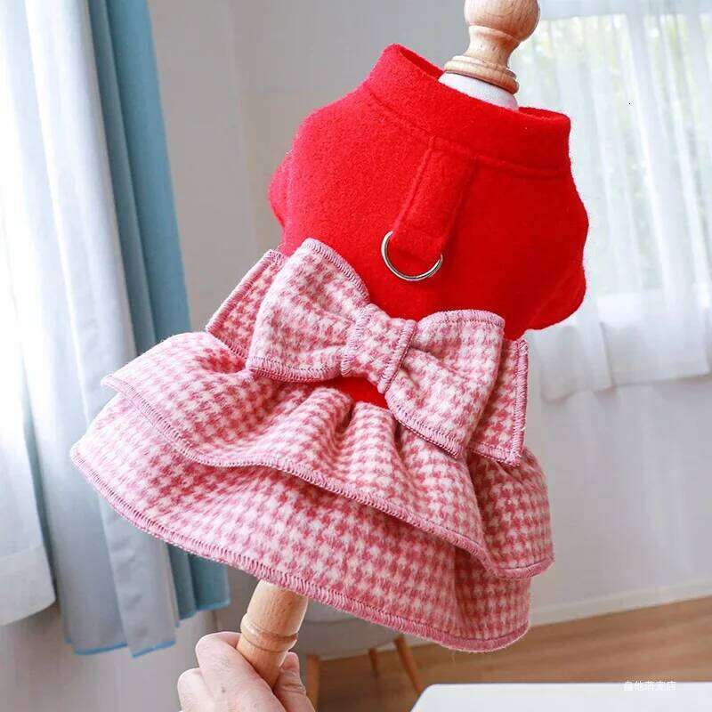 1PC Pet Clothes Cat Autumn Winter Thickened Warm Red Princess Dress Belt Traction Buckle Suitable for Small and Medium sized Dog H260130