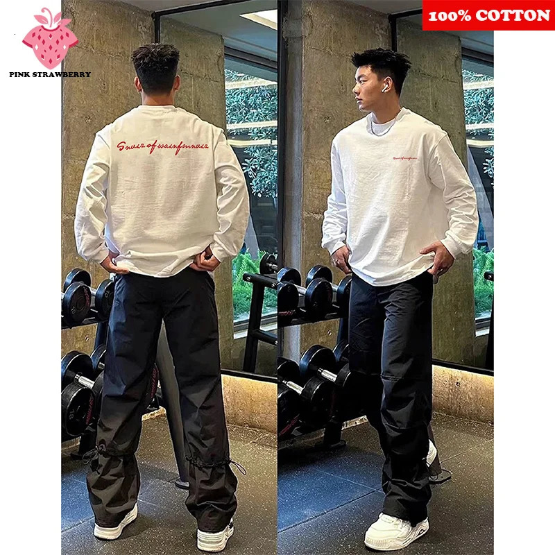 American Hip-hop Letter Print T-shirt Men Autumn 100 Cotton White Long sleeves Base Layer shirt Sports Y2k Top Mens 260118