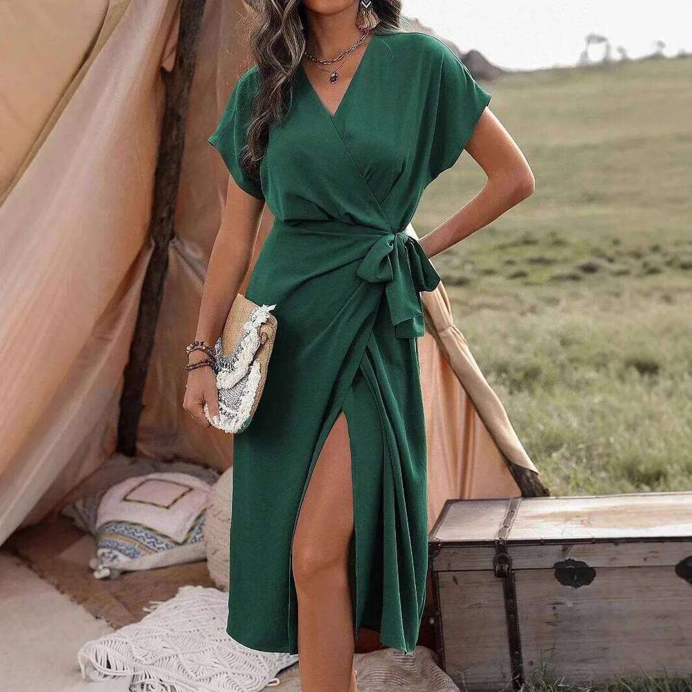 2 Summer New Dresses Fashionable Temperament Casual Commuting Fork Women's Solid Color Wrapped Tie up Skirt XJ260131