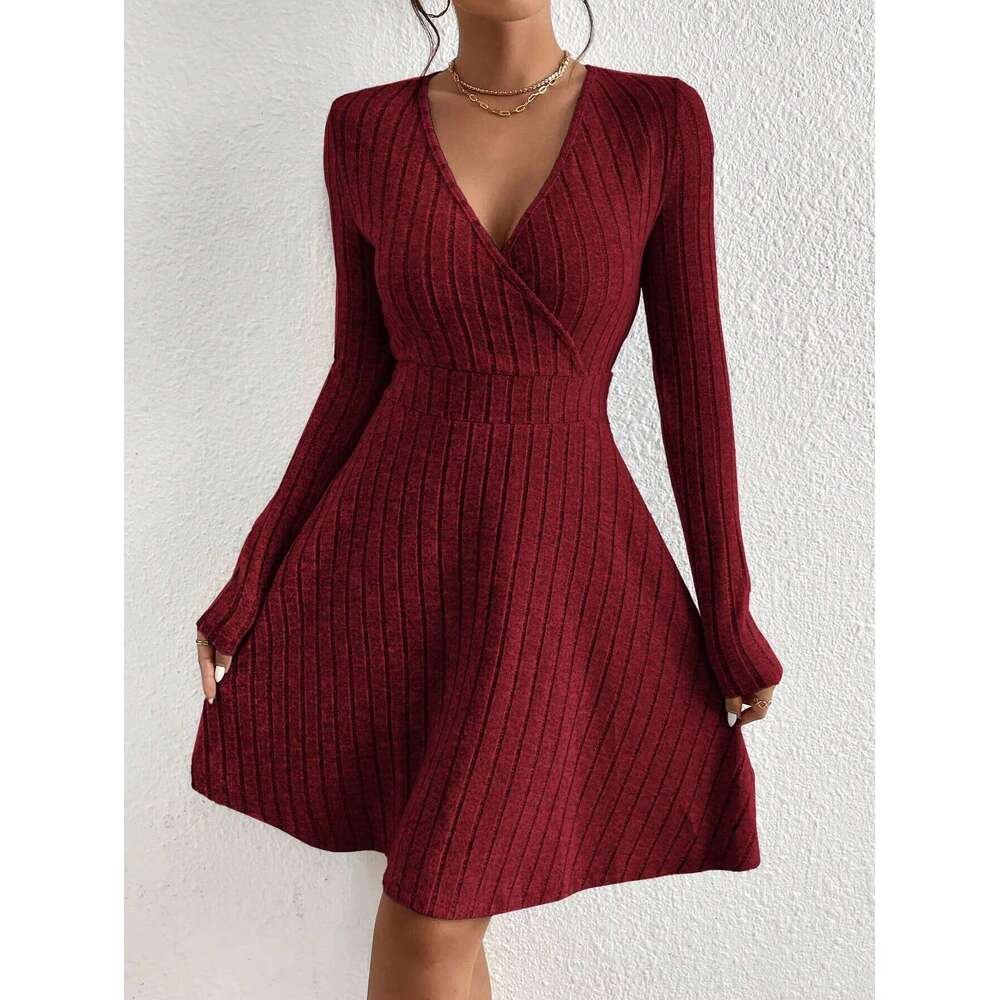 Ladies' autumn and winter sexy Bodycon sweater mini skirt Slim V-neck long-sleeved knitted dress XJ260131
